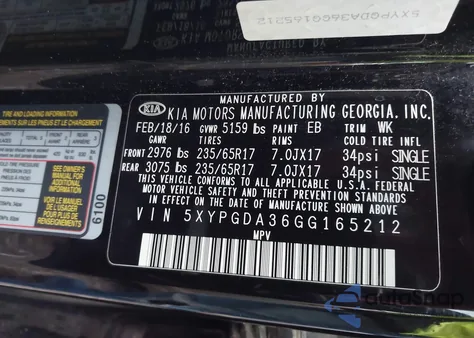2016 Kia Sorento 2.4L Lx z USA, uszkodzony, nr VIN 5XYPGDA36GG165212